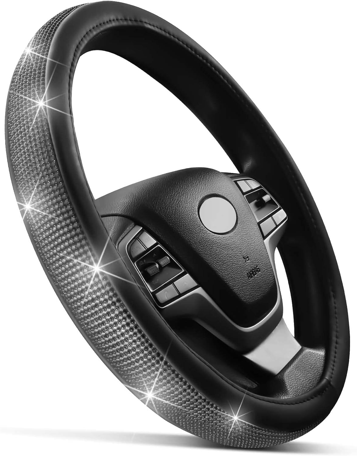 HOTOR Steering Wheel Cover - Cute Bling Car Steering Wheel Cover for Women &amp; Girls with Sparkly Diamond Rhinestones, Bling Car Accessory with Anti-Slip Lining for Diverse Cars (Black, 14.5-15 inch)