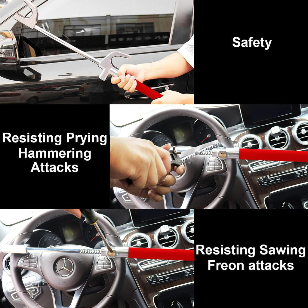 Tevlaphee Steering Wheel Lock Anti Theft Car Device Universal Car Theft Prevention Car Lock Adjustable Double Hook Emergency Hammer Window Breaker Self Defense Heavy Duty Secure (Red)