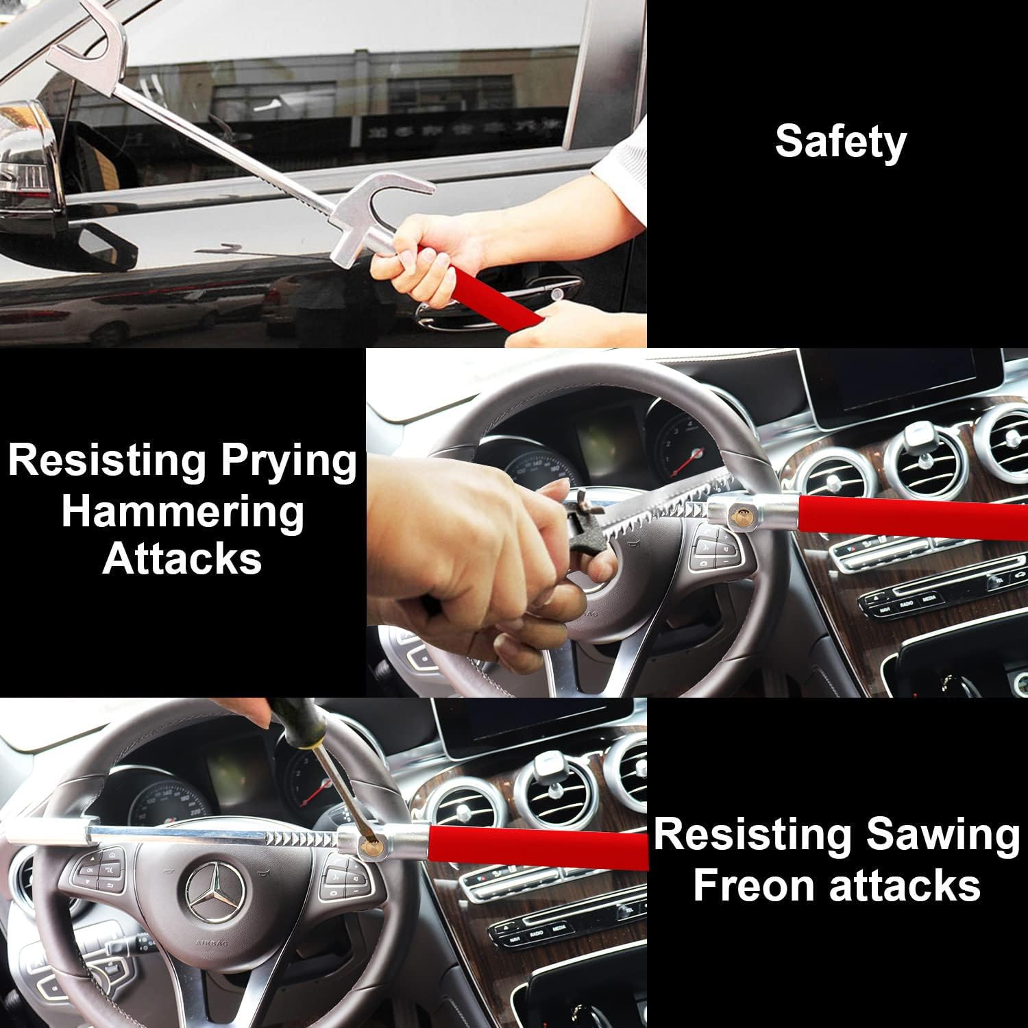 Tevlaphee Steering Wheel Lock Anti Theft Car Device Universal Car Theft Prevention Car Lock Adjustable Double Hook Emergency Hammer Window Breaker Self Defense Heavy Duty Secure (Red)