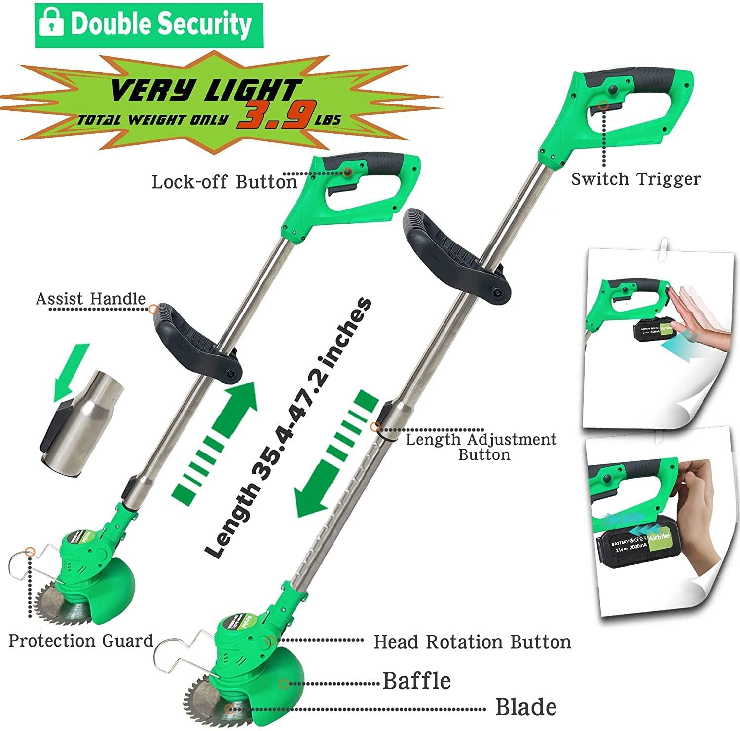 Airbike Brush Cutter Weed Wacker Weed Eater Edger Lawn Tool, Powerful, Lightweight, for Lawn, Yard, Garden, Shrub Trimming and Pruning (Green Tool w/ 1 Batterie)