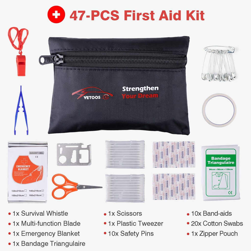 Car Roadside Emergency Kit with Jumper Cables, Auto Vehicle Safety Road Side Assistance Kits, Winter Car Kit for Women and Men, with Portable Air Compressor, First Aid Kit, Tow Rope, Multitool Plier