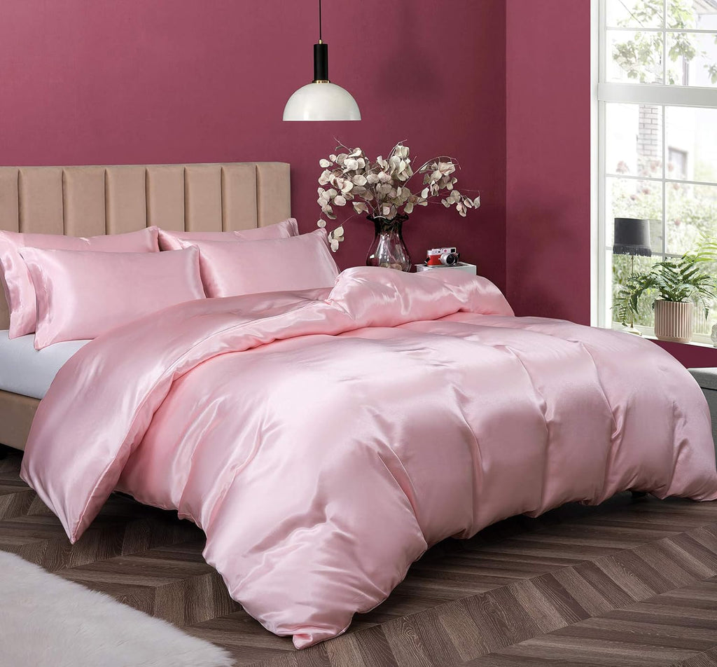 P Pothuiny Satin Duvet Cover Full/Queen, Single Soft Duvet Cover Only, Luxury Silky Like Blush Pink Duvet Cover 90" x 90" Sold Separately - Zipper Closure &amp; Corner Ties