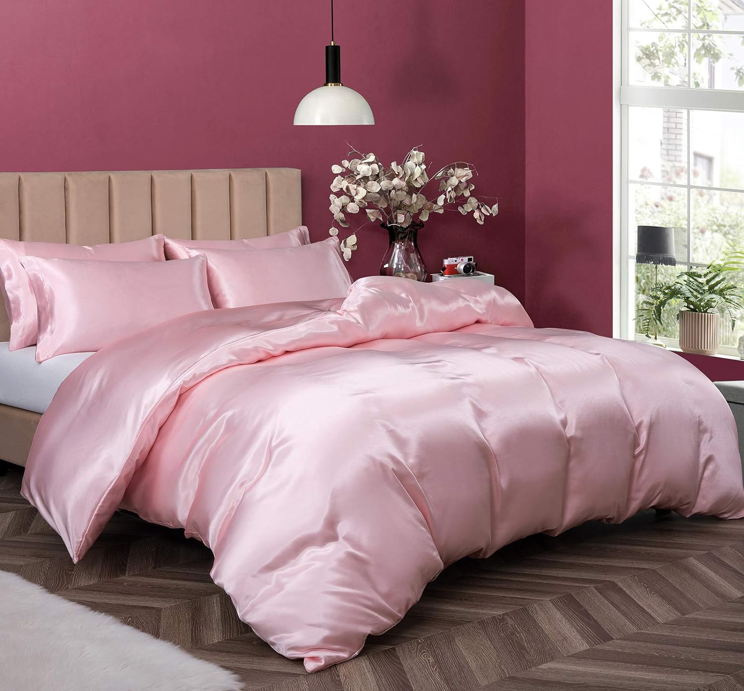 P Pothuiny Satin Duvet Cover Full/Queen, Single Soft Duvet Cover Only, Luxury Silky Like Blush Pink Duvet Cover 90" x 90" Sold Separately - Zipper Closure &amp; Corner Ties