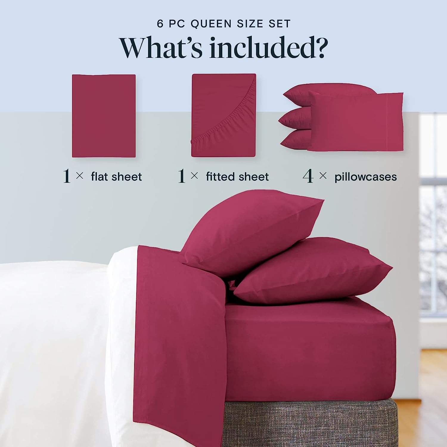 LuxClub 6 PC King Size Sheet Set Bamboo Sheets Deep Pockets 18" Eco Friendly Wrinkle Free Cooling Sheets Machine Washable Hotel Bedding Silky Soft - Burgundy King