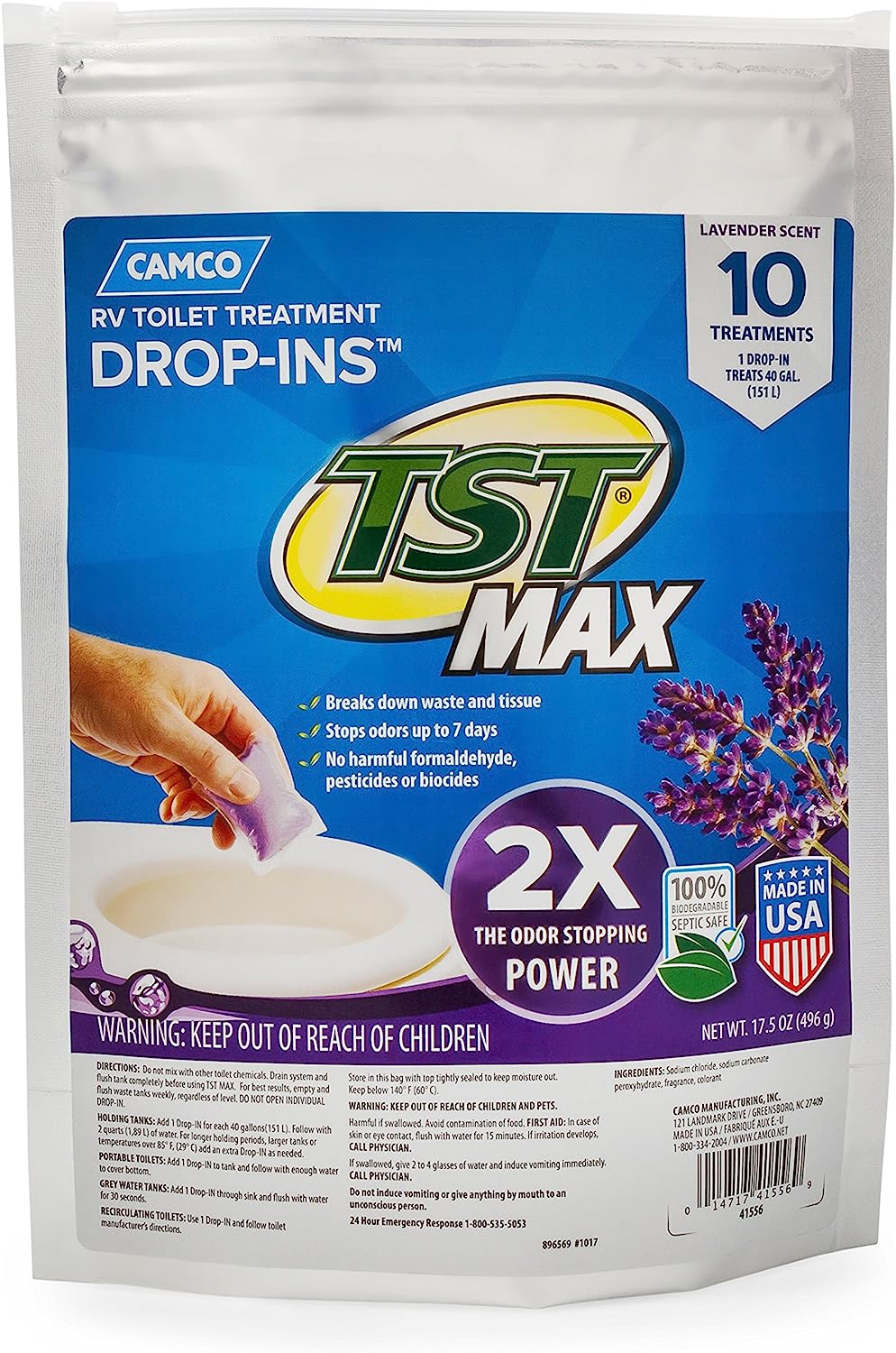 Camco TST MAX RV Toilet Treatment Drop-INs | Control Unwanted Odors and Break Down Waste and Tissue | Septic Tank Safe | Lavender Scent | 10-pack (41556)