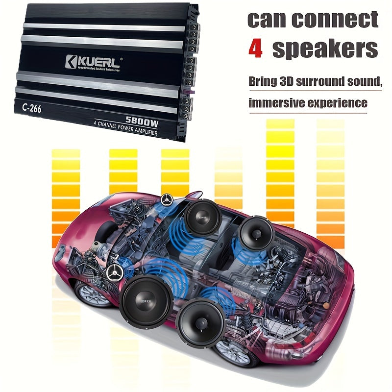 KUERL 4 Channel AB Class 12V Car Amplifier , 5800W Power Stereo Amplifier, Car Audio Amplifier To Drive Subwoofers And Speakers