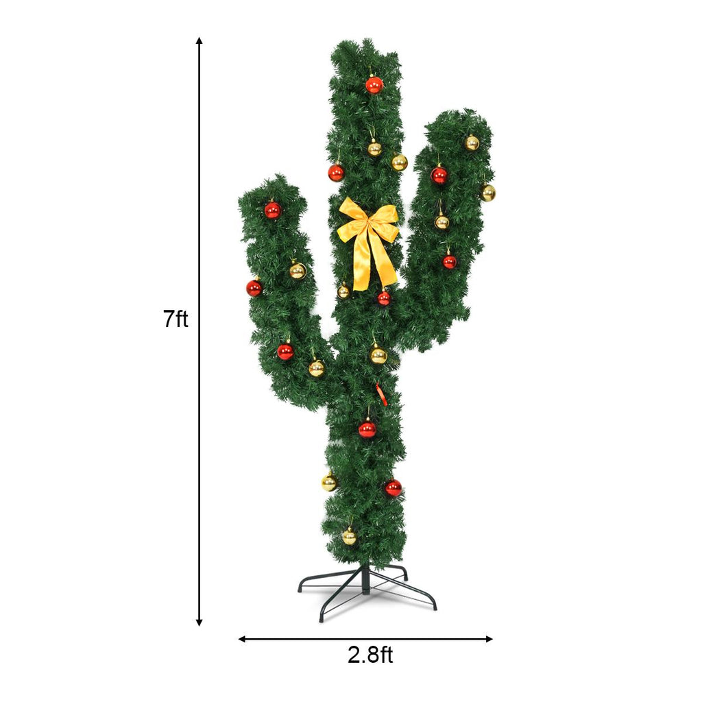 Costway Pre-Lit Cactus Christmas Tree 7Ft LED Lights Ball Ornaments