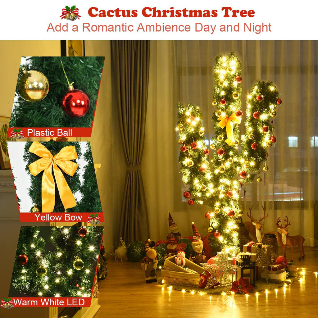 Costway Pre-Lit Cactus Christmas Tree 7Ft LED Lights Ball Ornaments