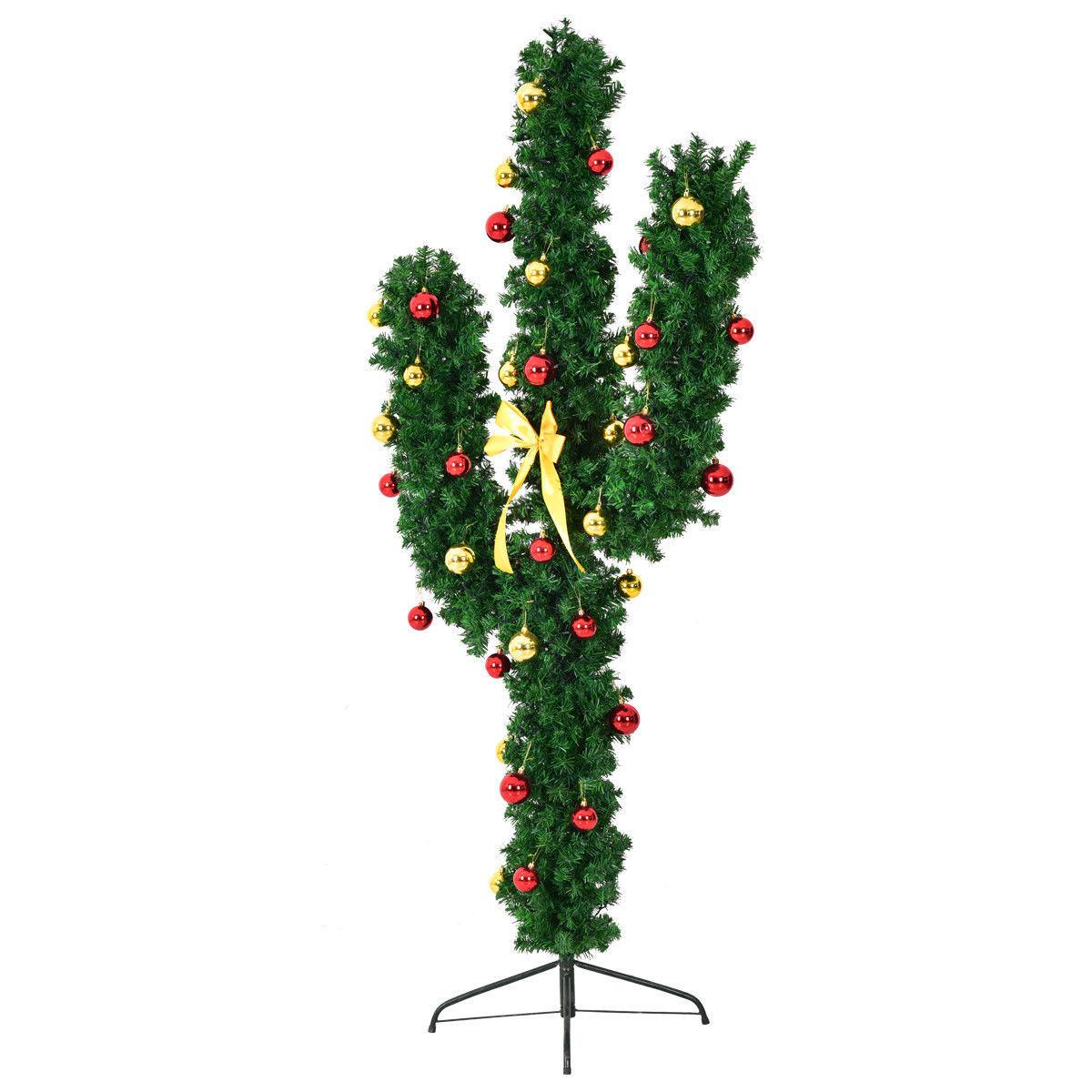 Costway Pre-Lit Cactus Christmas Tree 7Ft LED Lights Ball Ornaments