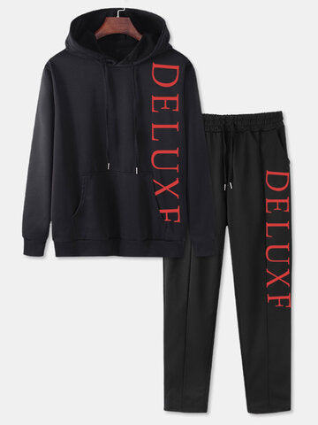 mens letter side print hoodie casual two pieces outfits with seam pants