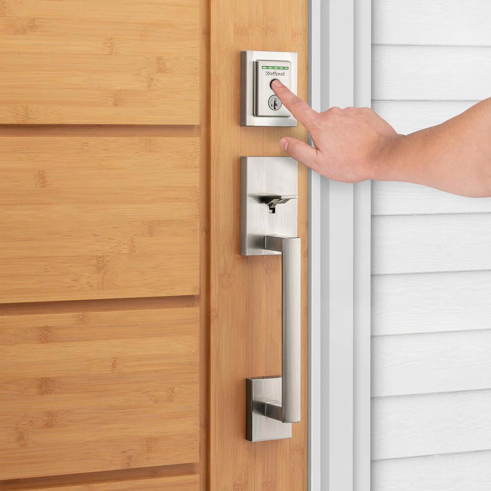 Halo Touch Satin Nickel CNT Fingerprint WiFi Elec Smart Lock Deadbolt Feat SmartKey Security with San Clemente Handleset