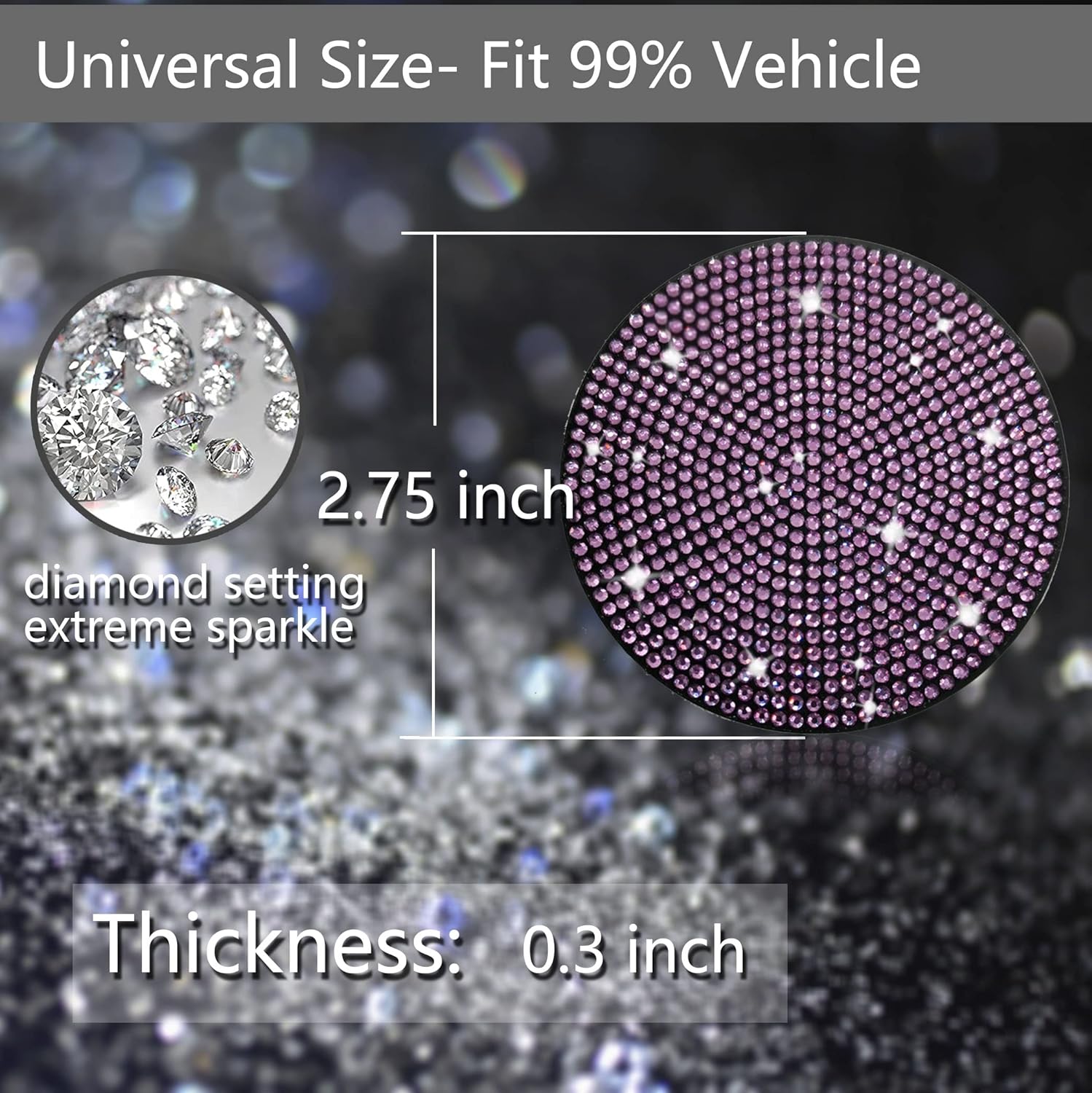 2pcs Bling Car Cup Holder Coaster, 2.75 inch Anti-Slip Shockproof Universal Fashion Vehicle Car Coasters Insert Bling Rhinestone Auto Automotive Interior Accessories for Women (2 pcs, Light Purple)