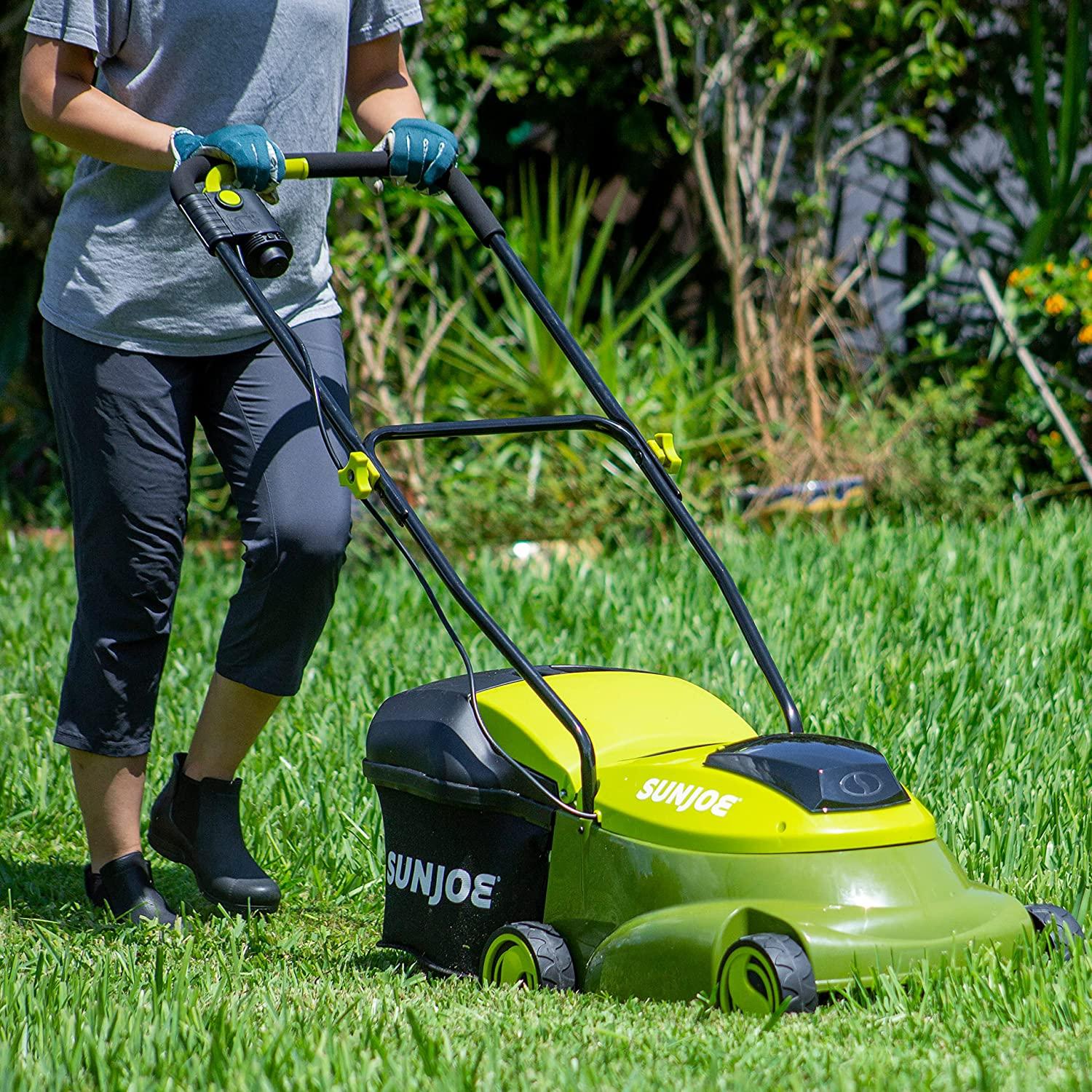 Sun Joe MJ401C 14-Inch 28-Volt Cordless Push Lawn Mower, w/10.6-Gallon Collection Bag, 3-Position Height Adjustment, Safety Key, 14 inches, Green