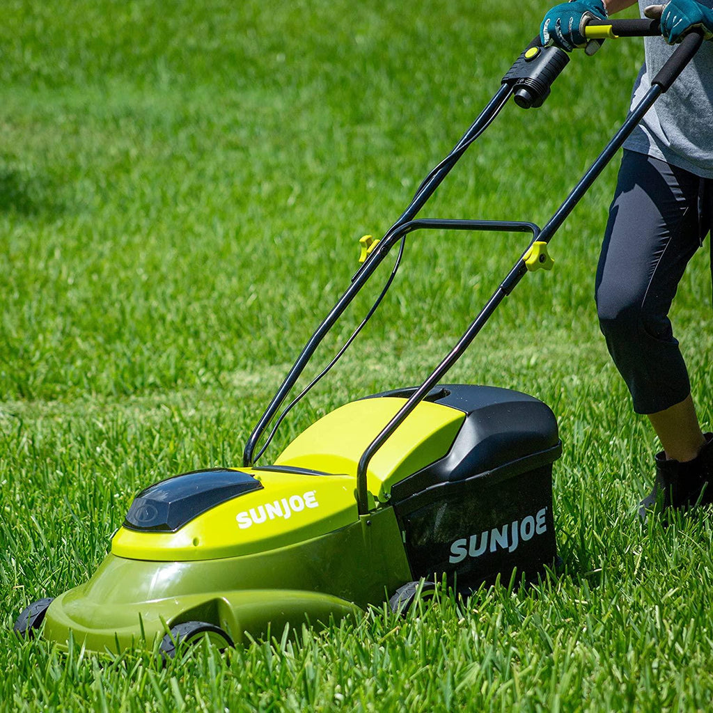Sun Joe MJ401C 14-Inch 28-Volt Cordless Push Lawn Mower, w/10.6-Gallon Collection Bag, 3-Position Height Adjustment, Safety Key, 14 inches, Green