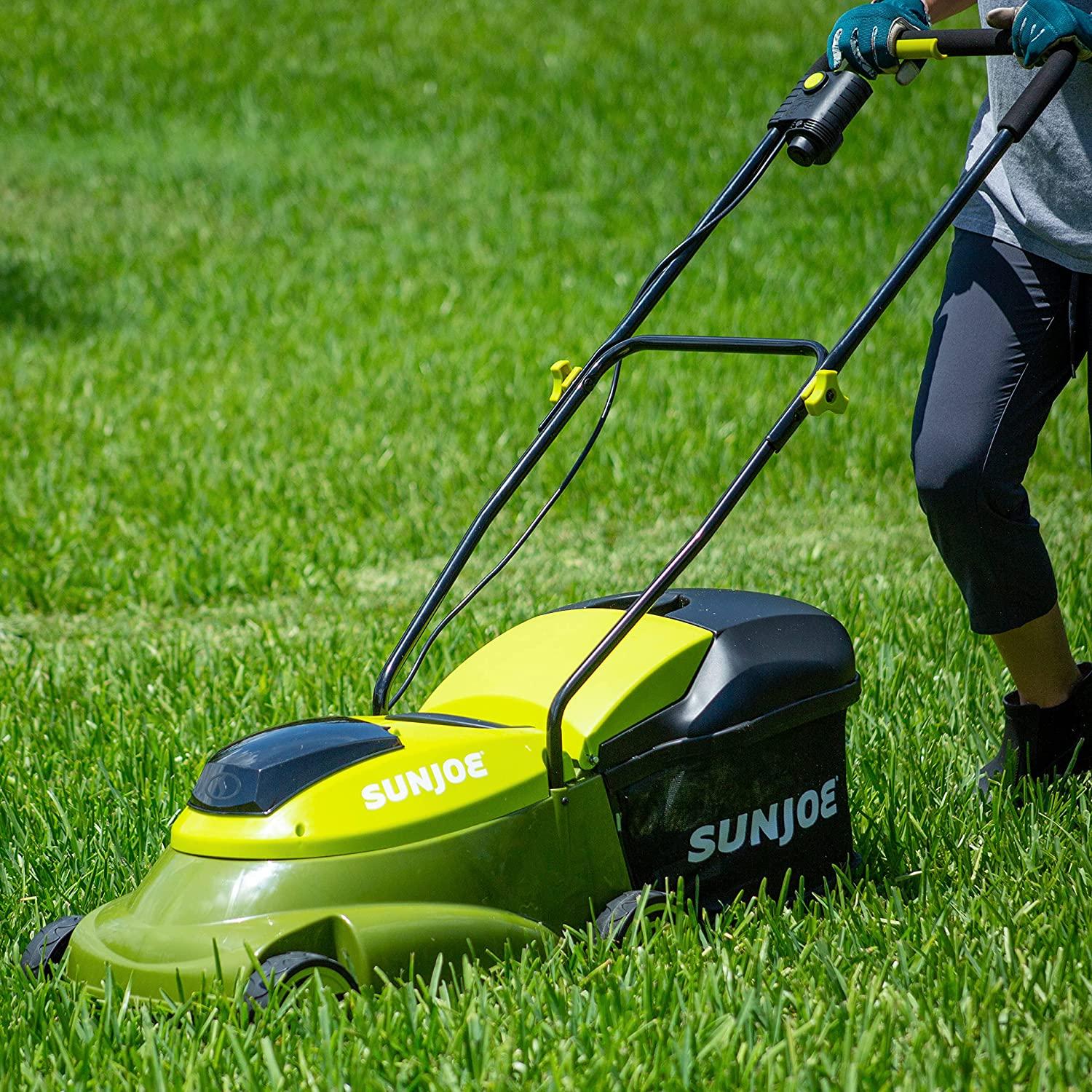 Sun Joe MJ401C 14-Inch 28-Volt Cordless Push Lawn Mower, w/10.6-Gallon Collection Bag, 3-Position Height Adjustment, Safety Key, 14 inches, Green