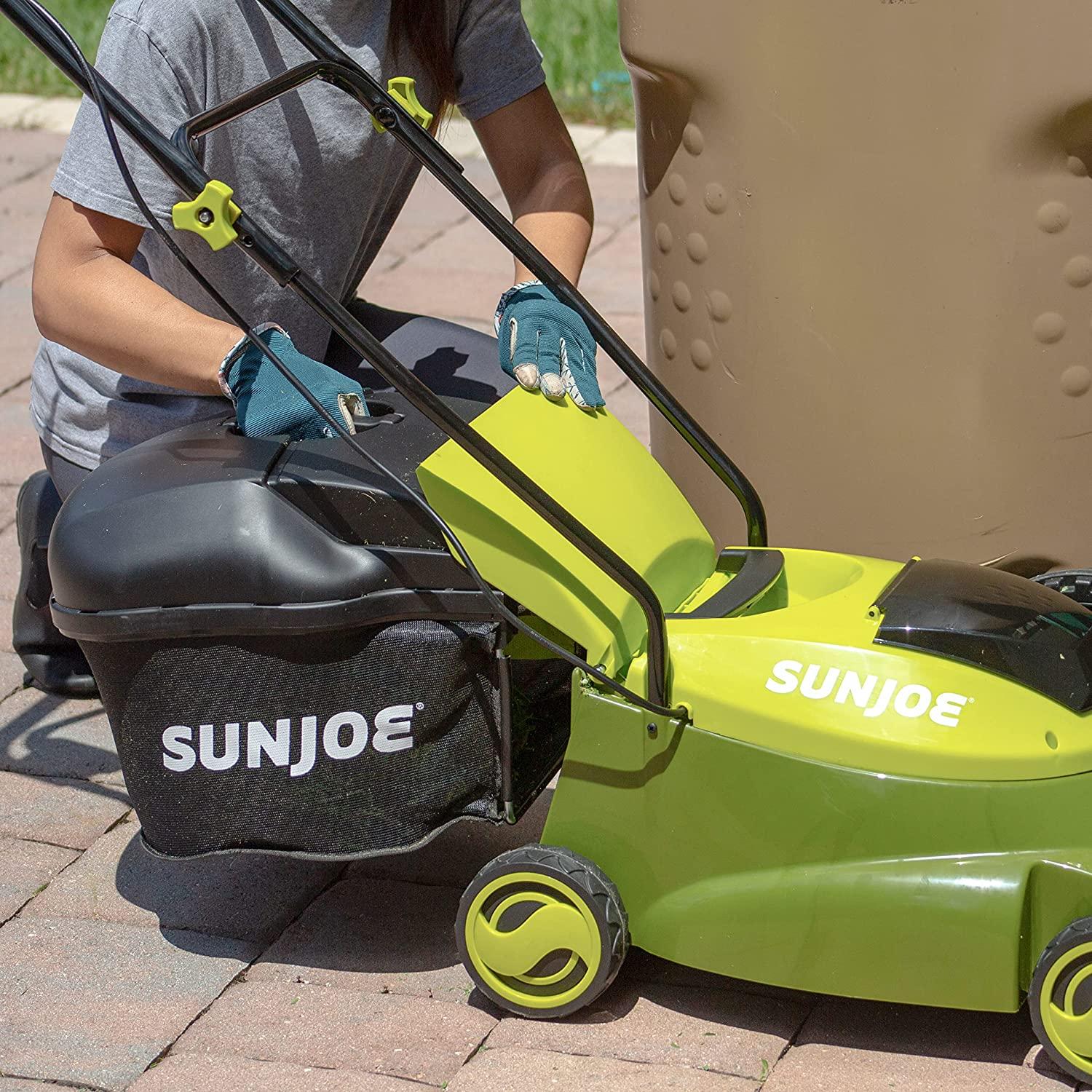 Sun Joe MJ401C 14-Inch 28-Volt Cordless Push Lawn Mower, w/10.6-Gallon Collection Bag, 3-Position Height Adjustment, Safety Key, 14 inches, Green