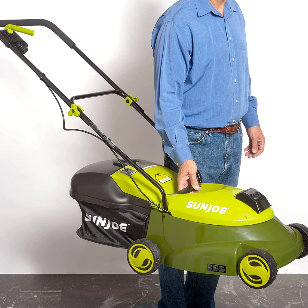 Sun Joe MJ401C 14-Inch 28-Volt Cordless Push Lawn Mower, w/10.6-Gallon Collection Bag, 3-Position Height Adjustment, Safety Key, 14 inches, Green