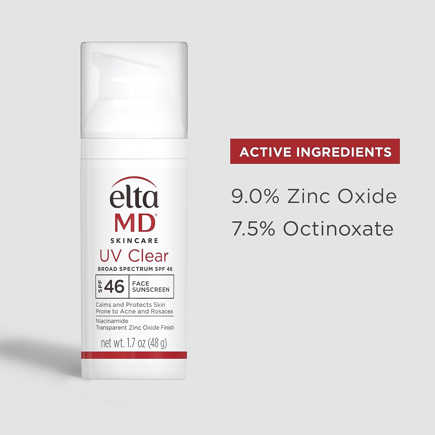 EltaMD UV Clear Face Sunscreen, SPF 46 Oil Free Sunscreen with Zinc Oxide, Protects and Calms Sensitive Skin and Acne-Prone Skin, Lightweight, Silky, Dermatologist Recommended, 1.7 oz Pump