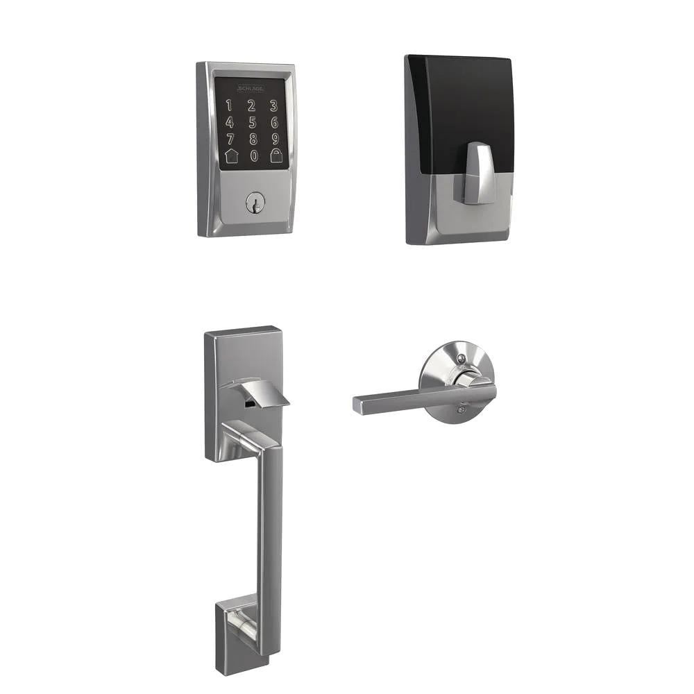 Century Bright Chrome Encode Smart Wi-Fi Deadbolt with Alarm and Century Handleset and Latitude Lever
