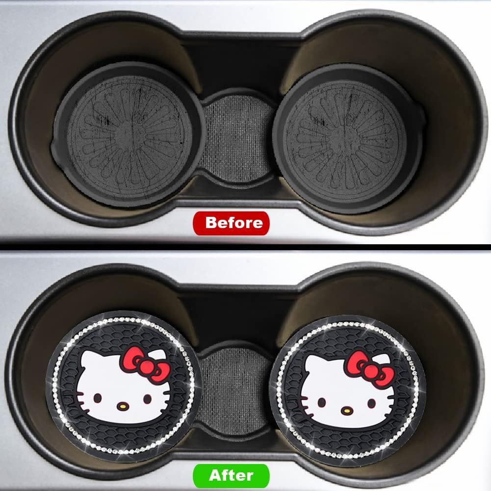 2PCS Car Cup Holders Coasters Hello Kitty,Black Silicone Anti-Slip Car Drink Coasters for Women Girls, Car Cup Pads, 2.75 Inch