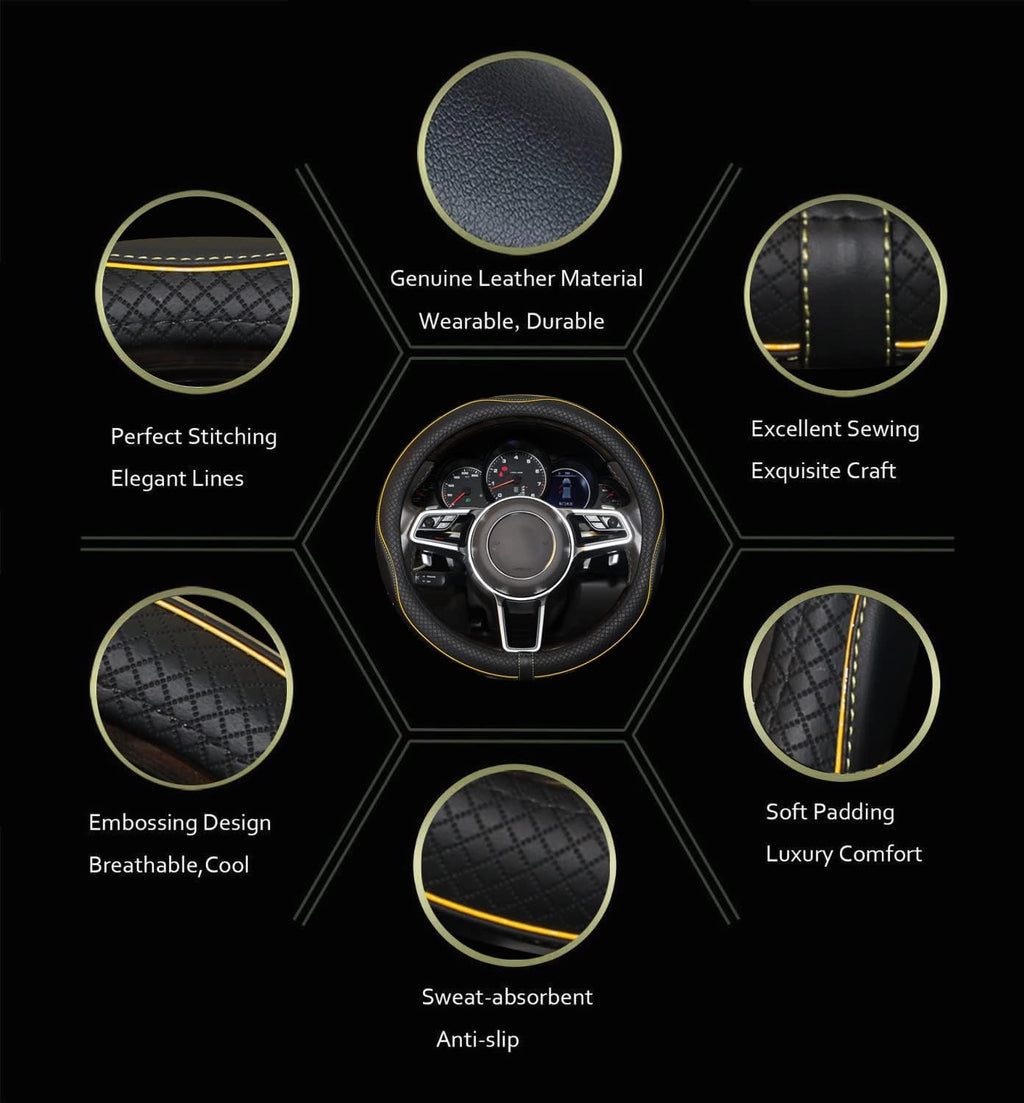 Gomass Car Steering Wheel Cover, Anti-Slip, Safety, Soft, Breathable, Heavy Duty, Thick, Full Surround, Sports Style (Black with Yellow Line)