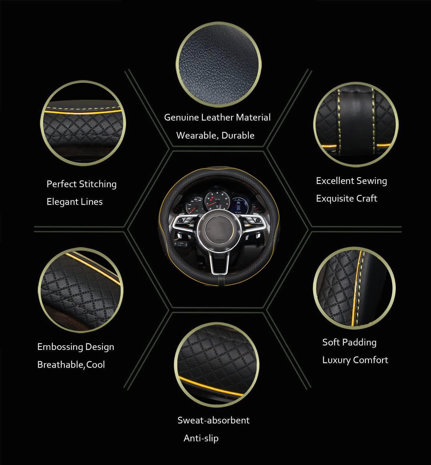 Gomass Car Steering Wheel Cover, Anti-Slip, Safety, Soft, Breathable, Heavy Duty, Thick, Full Surround, Sports Style (Black with Yellow Line)
