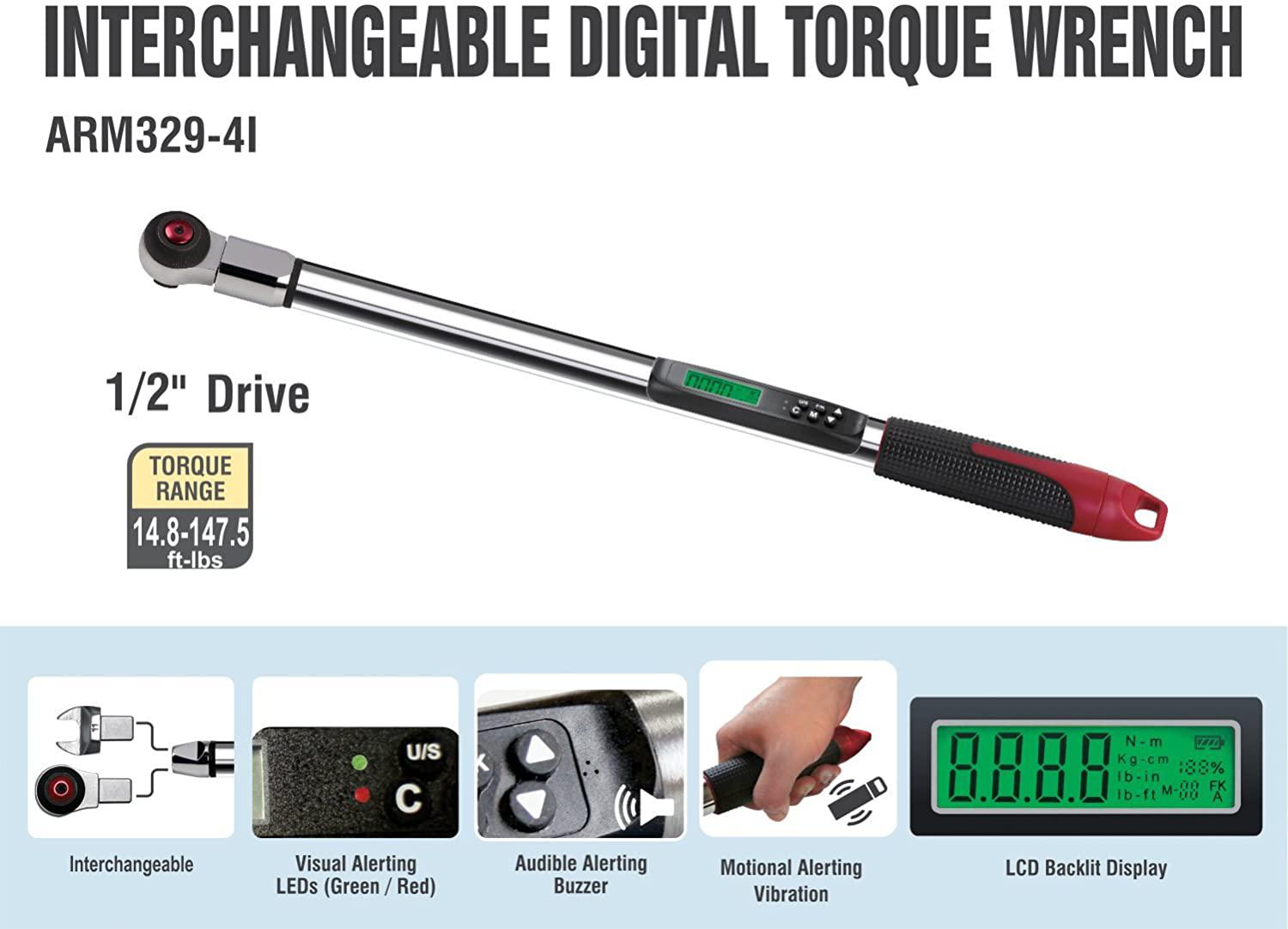 ACDelco Tools 1/2” (Inch) Compact Interchangeable Digital Torque Wrench, Measures 14.8 – 147.5'-LBS. Ranof Torque, 22” Length, Lcd Display, Audible Notification Buzzer, LED Light ARM329-4I
