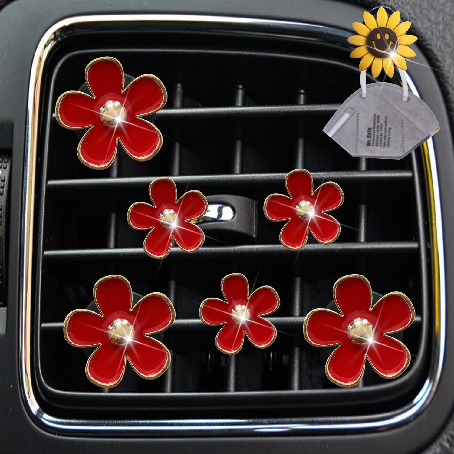 6 Pcs Daisy Air Vent Clips, Cute Flower Air Conditioning Outlet Clip Car Air Fresheners Vent Clips Car Interior Decor Charm Car Decoration Cute Car Accessories for Women Girls + Mask Hook (Red)