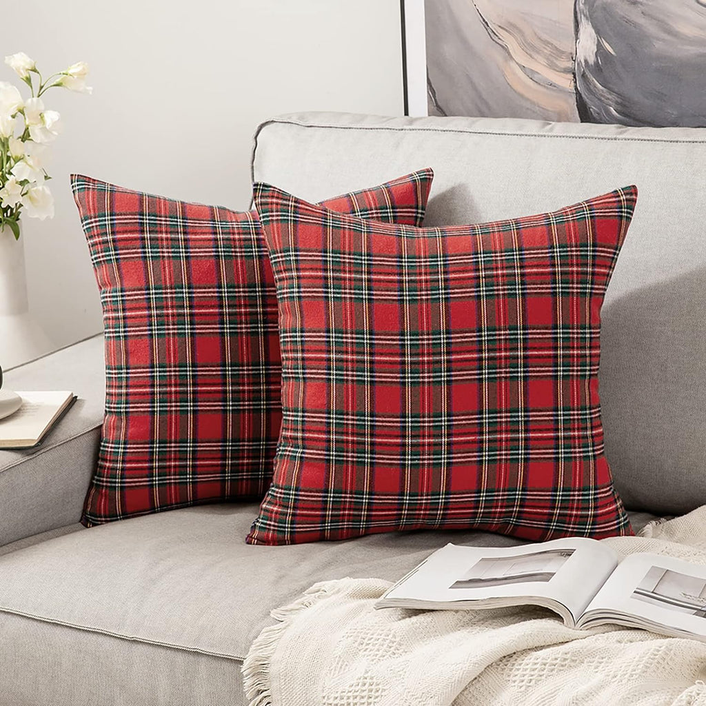 MIULEE Christmas Set of 2 Scottish Tartan Plaid Throw Pillow Covers Farmhouse Classic Decorative Square Cushion Cases for Home Decor Sofa Couch 18x18 Inch, Red