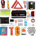 STDY Car Roadside Emergency Kit, Auto Vehicle Truck Safety Emergency Road Side Assistance Kits with Jumper Cables, Portable Air Compressor, First Aid Kit, Tow Rope, Reflective Triangle, etc