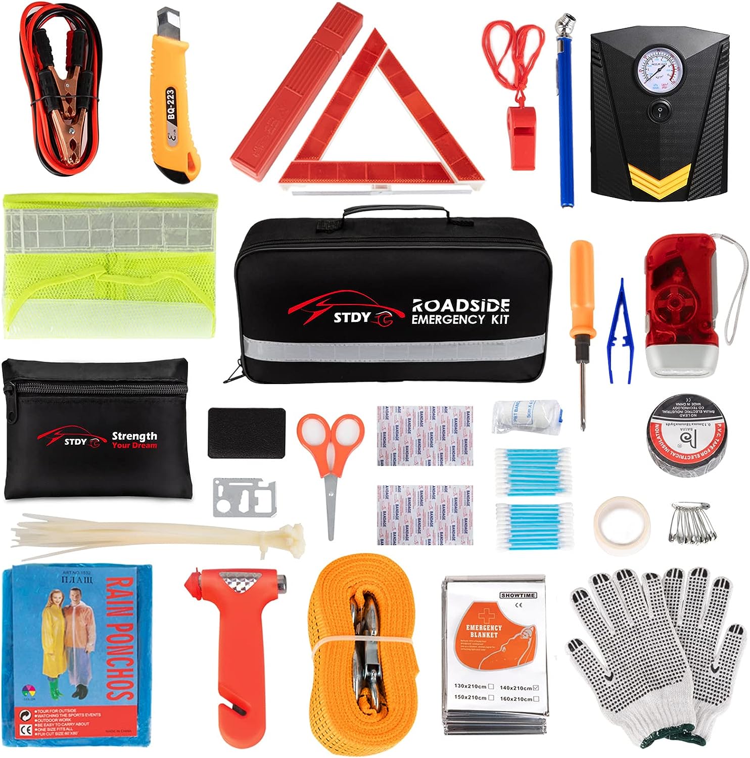 STDY Car Roadside Emergency Kit, Auto Vehicle Truck Safety Emergency Road Side Assistance Kits with Jumper Cables, Portable Air Compressor, First Aid Kit, Tow Rope, Reflective Triangle, etc