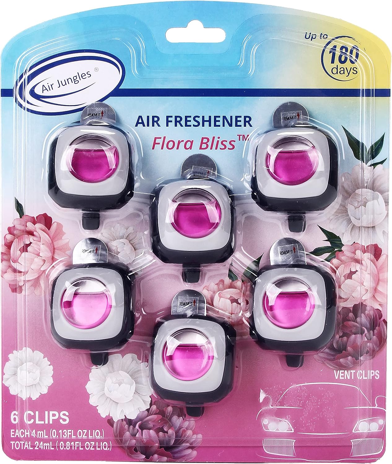 Air Jungles Flora Bliss Scent Car Air Freshener Clip, 6 Car Freshener Vent Clips, 4ml Each, Long Lasting , Up to 180 Days Car Refresher Odor Eliminator
