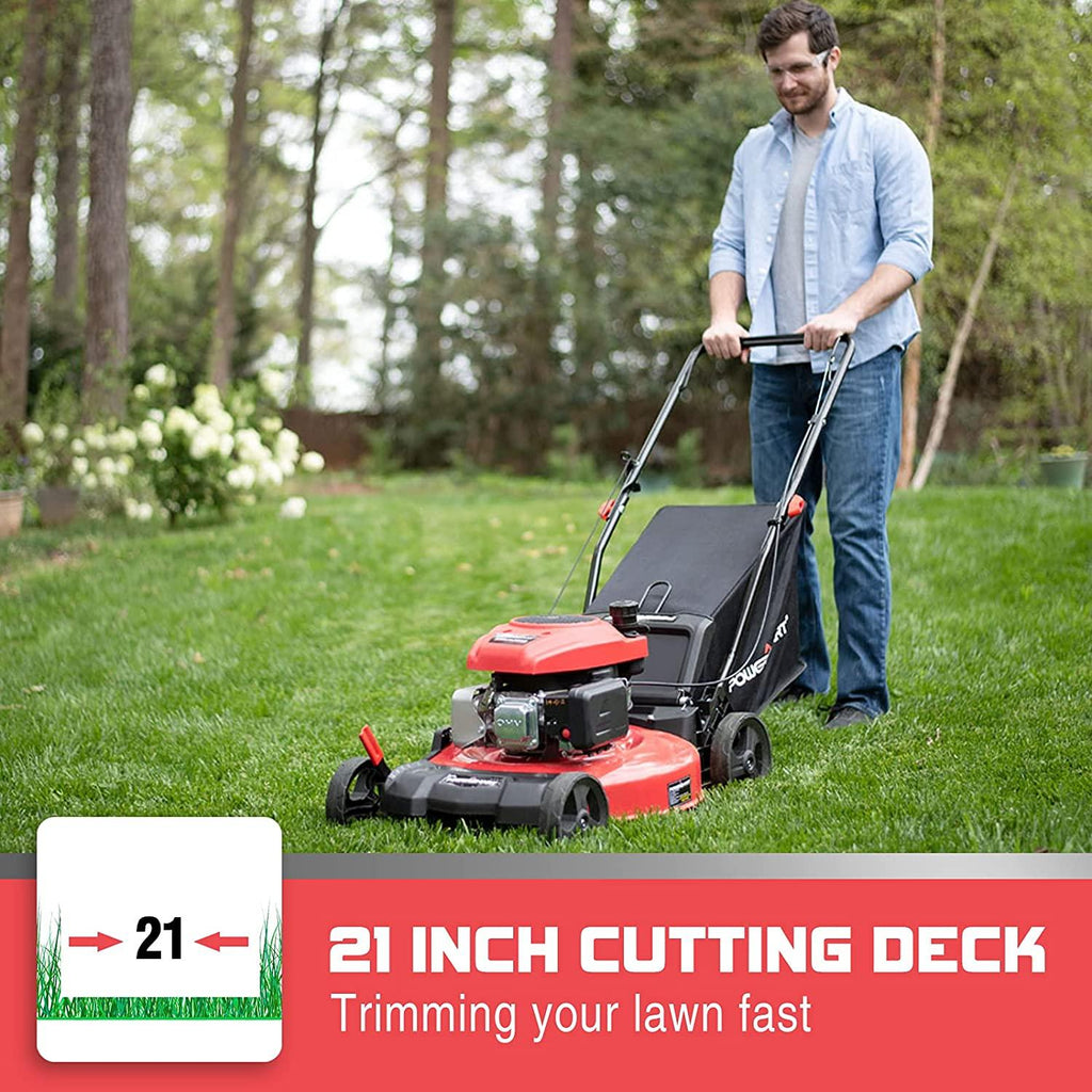 PowerSmart Lawn Mower, 21-inch & 170CC, Gas Powered Push Lawn Mower with 4-Stroke Engine, 3-in-1 Gas Mower in Color Red/Black, 5 Adjustable Heights (1.18''-3.0'' ), DB2194PR