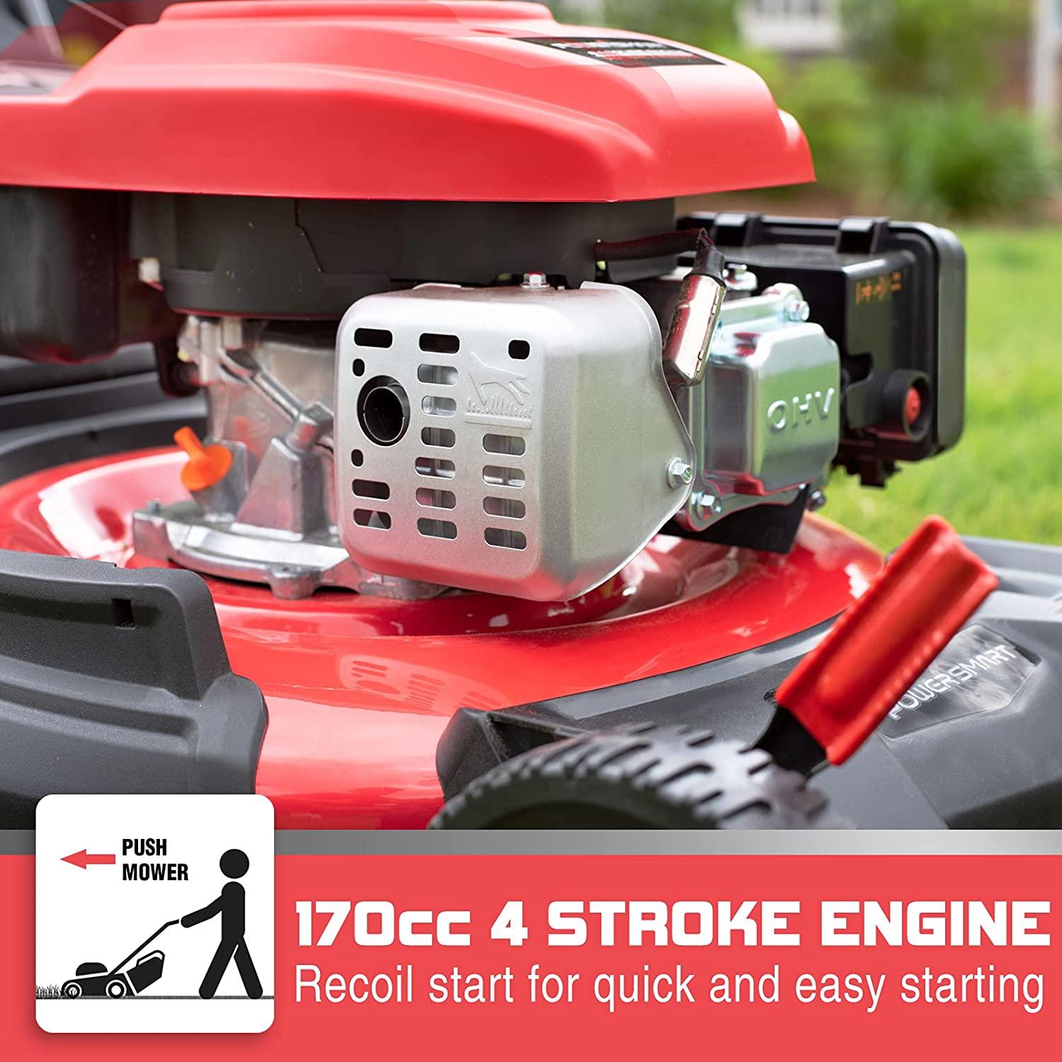 PowerSmart Lawn Mower, 21-inch & 170CC, Gas Powered Push Lawn Mower with 4-Stroke Engine, 3-in-1 Gas Mower in Color Red/Black, 5 Adjustable Heights (1.18''-3.0'' ), DB2194PR