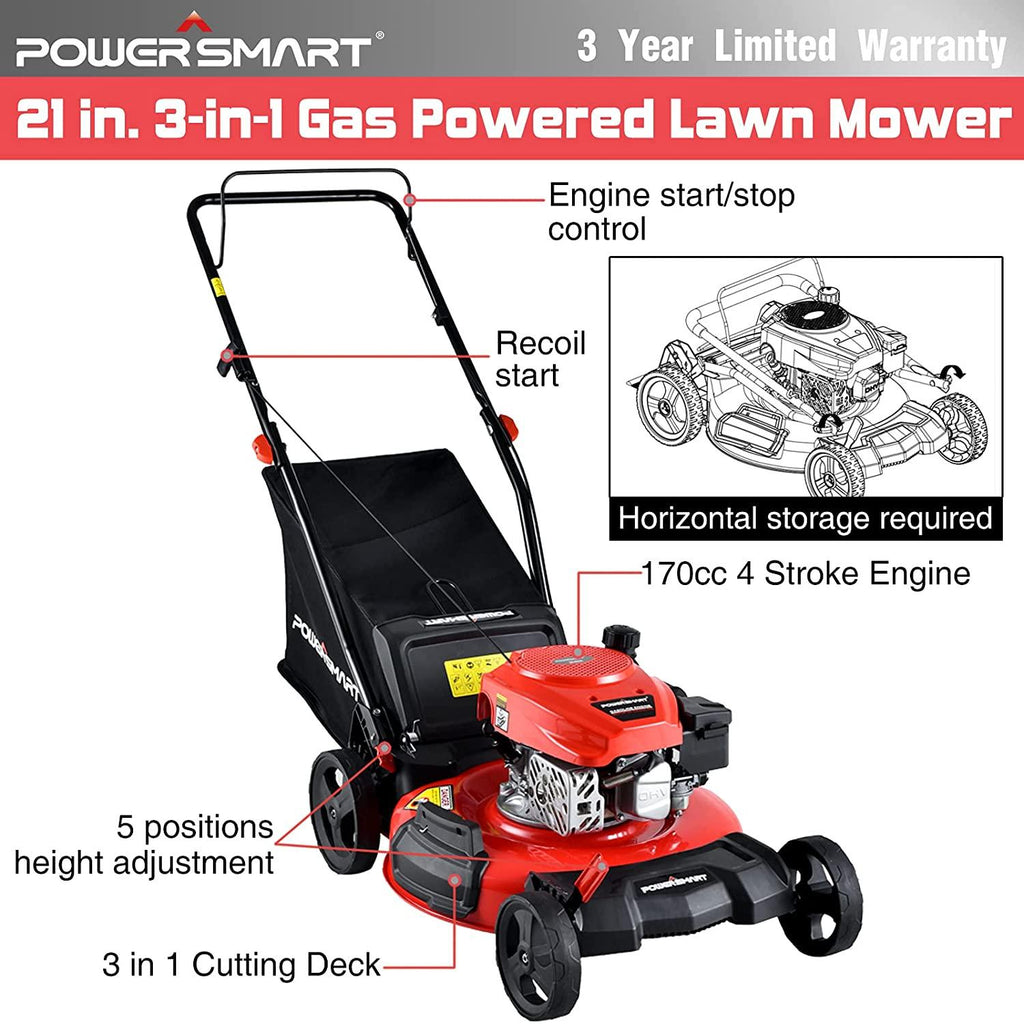 PowerSmart Lawn Mower, 21-inch & 170CC, Gas Powered Push Lawn Mower with 4-Stroke Engine, 3-in-1 Gas Mower in Color Red/Black, 5 Adjustable Heights (1.18''-3.0'' ), DB2194PR