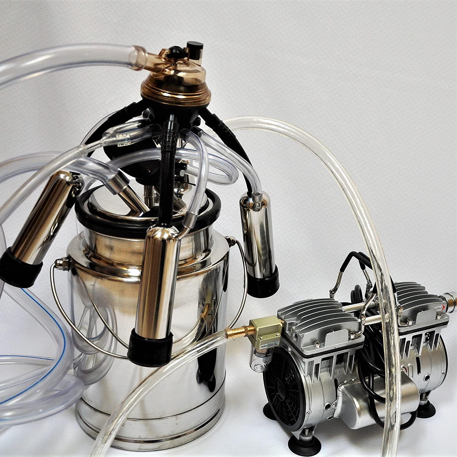 CM10WP5: Complete Cow Bucket Milker w/Twin Piston Oil-Less Oil 5.5 CFM Vacuum Pump 10L SS Bucket Pulsator Claw Cluster Shells+Liners Milk+Air Hoses Clear PVC Portable Station  Quiet Clean