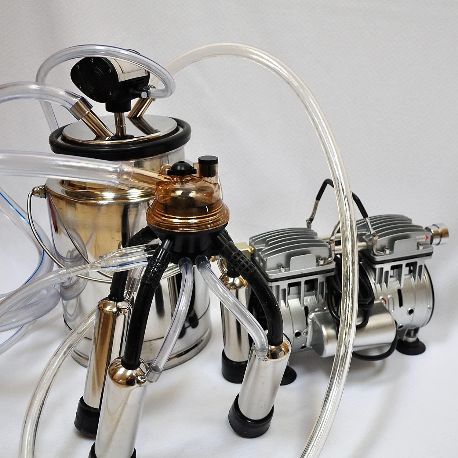 CM10WP5: Complete Cow Bucket Milker w/Twin Piston Oil-Less Oil 5.5 CFM Vacuum Pump 10L SS Bucket Pulsator Claw Cluster Shells+Liners Milk+Air Hoses Clear PVC Portable Station  Quiet Clean