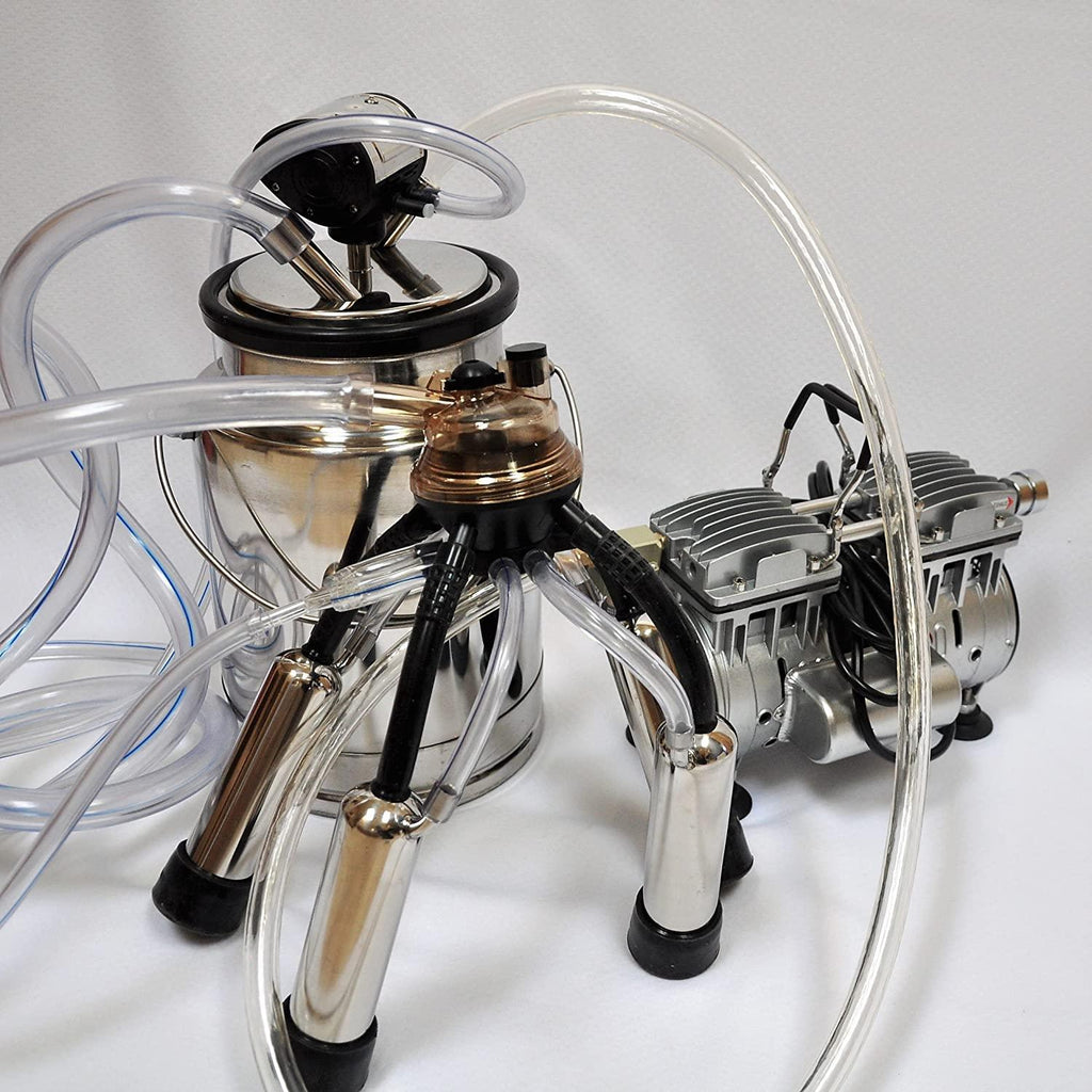 CM10WP5: Complete Cow Bucket Milker w/Twin Piston Oil-Less Oil 5.5 CFM Vacuum Pump 10L SS Bucket Pulsator Claw Cluster Shells+Liners Milk+Air Hoses Clear PVC Portable Station  Quiet Clean