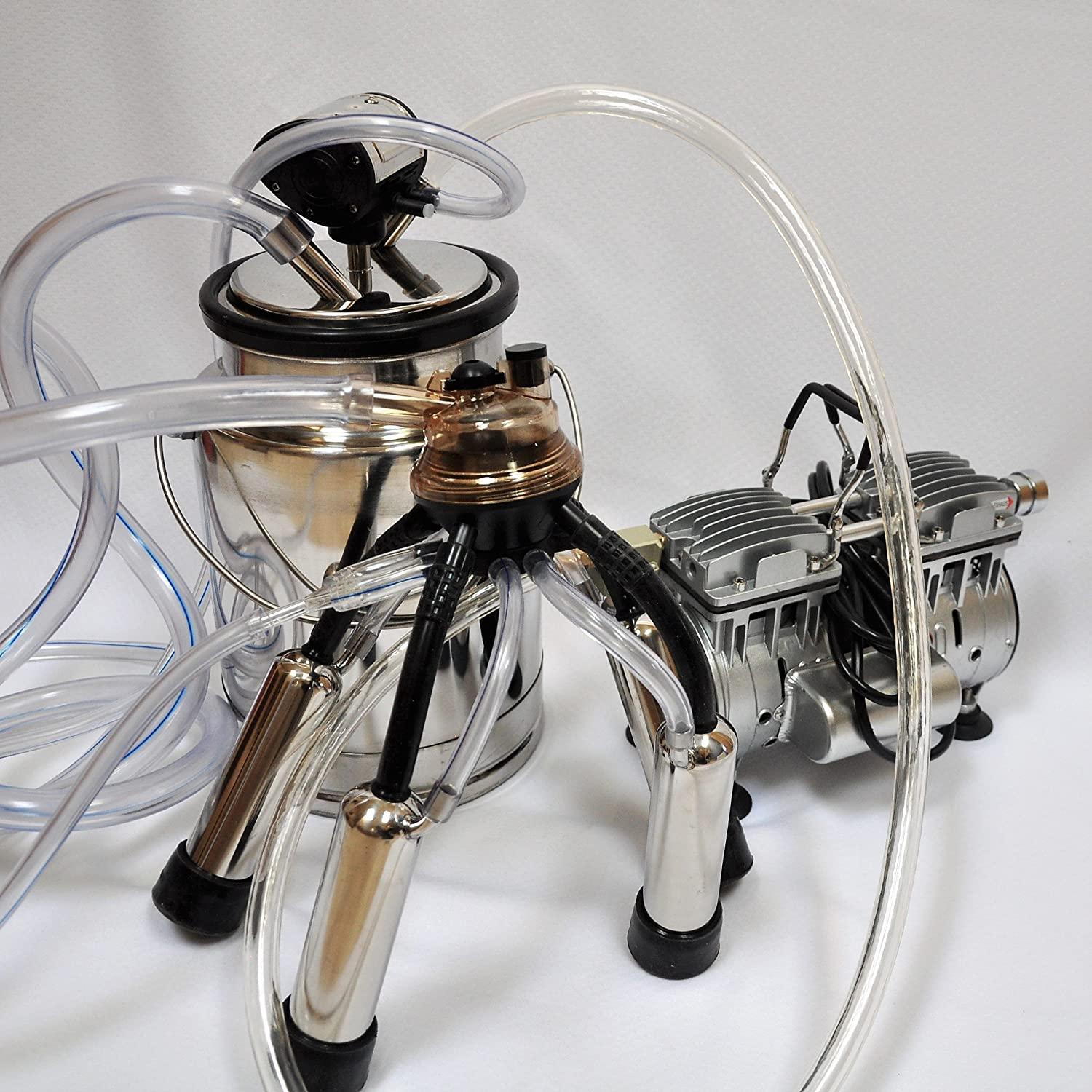 CM10WP5: Complete Cow Bucket Milker w/Twin Piston Oil-Less Oil 5.5 CFM Vacuum Pump 10L SS Bucket Pulsator Claw Cluster Shells+Liners Milk+Air Hoses Clear PVC Portable Station  Quiet Clean