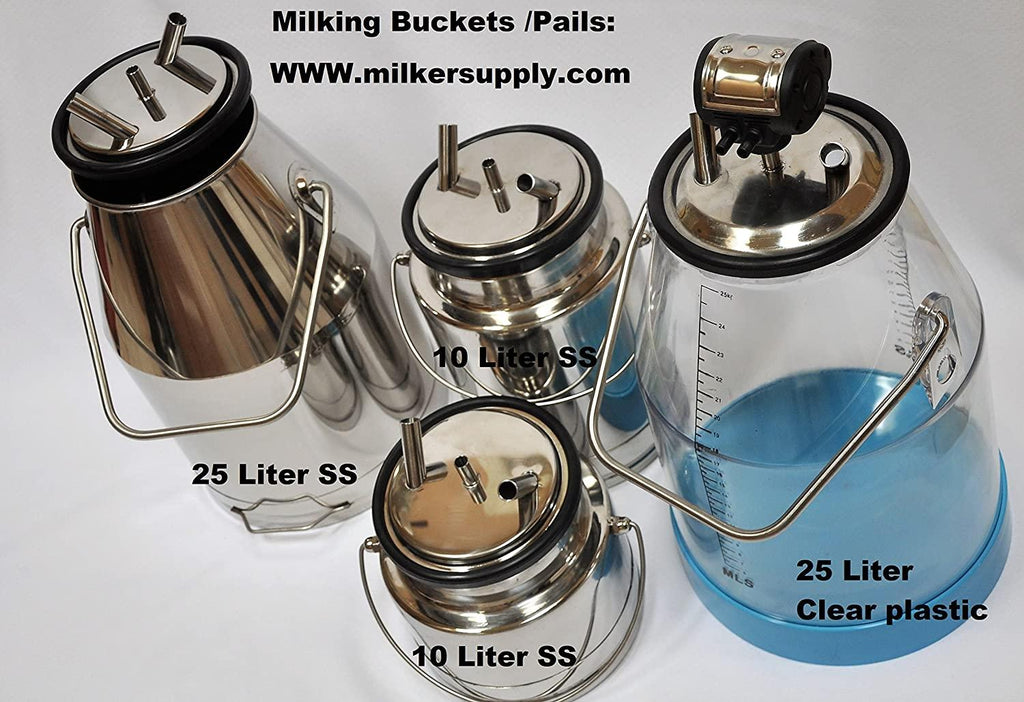 CM10WP5: Complete Cow Bucket Milker w/Twin Piston Oil-Less Oil 5.5 CFM Vacuum Pump 10L SS Bucket Pulsator Claw Cluster Shells+Liners Milk+Air Hoses Clear PVC Portable Station  Quiet Clean