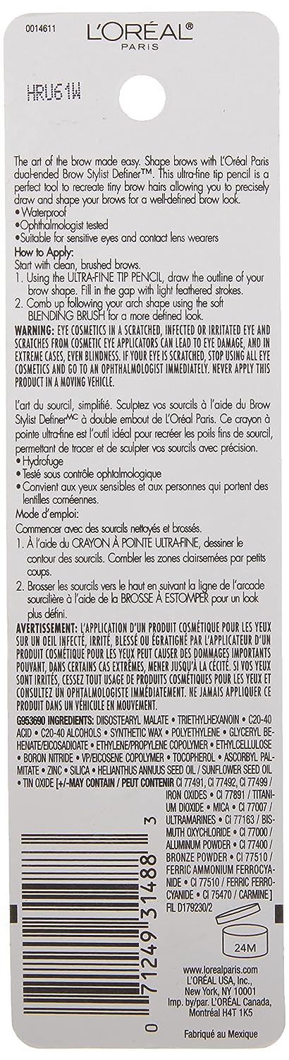 L'Oreal Paris Makeup Brow Stylist Definer Waterproof Eyebrow Pencil, Ultra-Fine Mechanical Pencil, Draws Tiny Brow Hairs and Fills in Sparse Areas and Gaps, Brunette, 0.003 Ounce (1 Count)