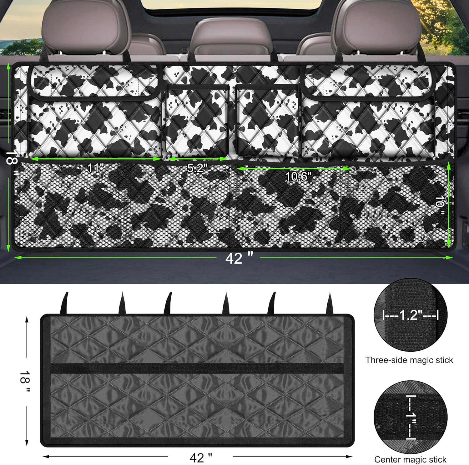 Femuar Car Trunk Organizer,Large Capacity Backseat Trunk Organizer(42"*18"),Collapsible Car Storage Bag with 8 Pocekt,Car Organizer for SUV/MPV/Truck - Cow print