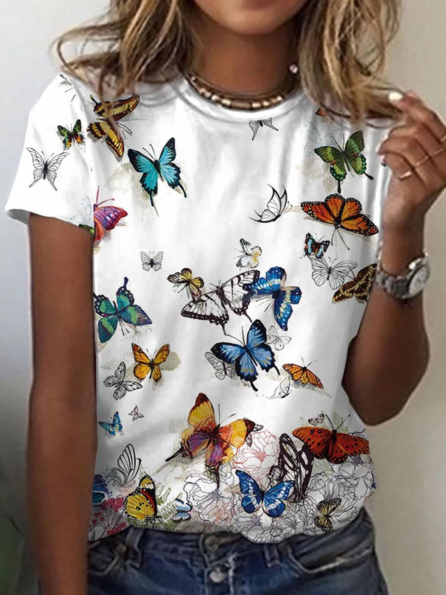 Round Neck Butterfly Print Casual Short-sleeved T-shirt