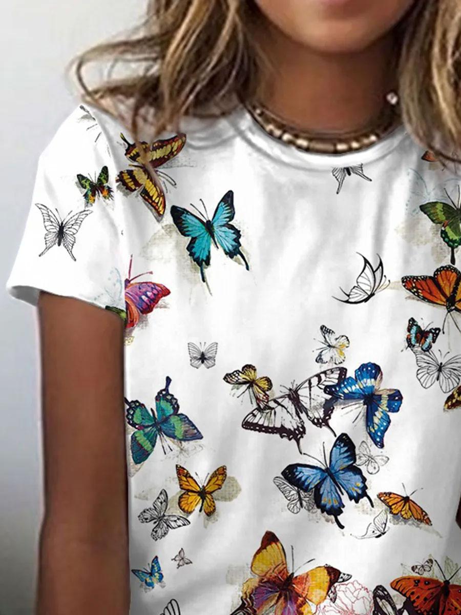 Round Neck Butterfly Print Casual Short-sleeved T-shirt