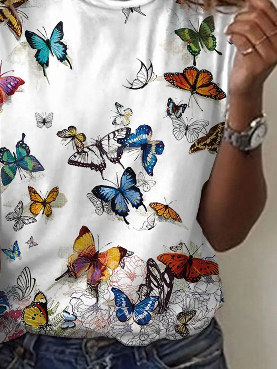 Round Neck Butterfly Print Casual Short-sleeved T-shirt