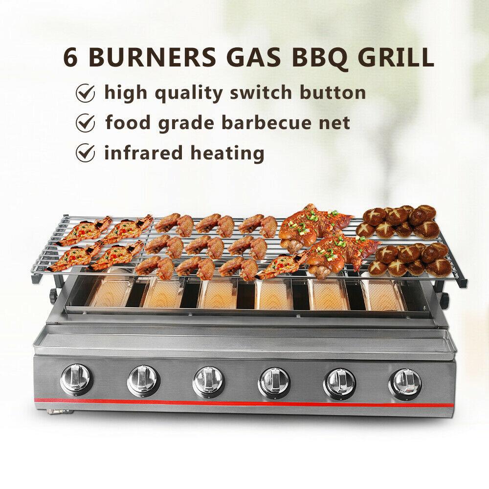 Steel 6 Burners LPG Barbecue BBQ Grill Grill Size 790*250mm Garden