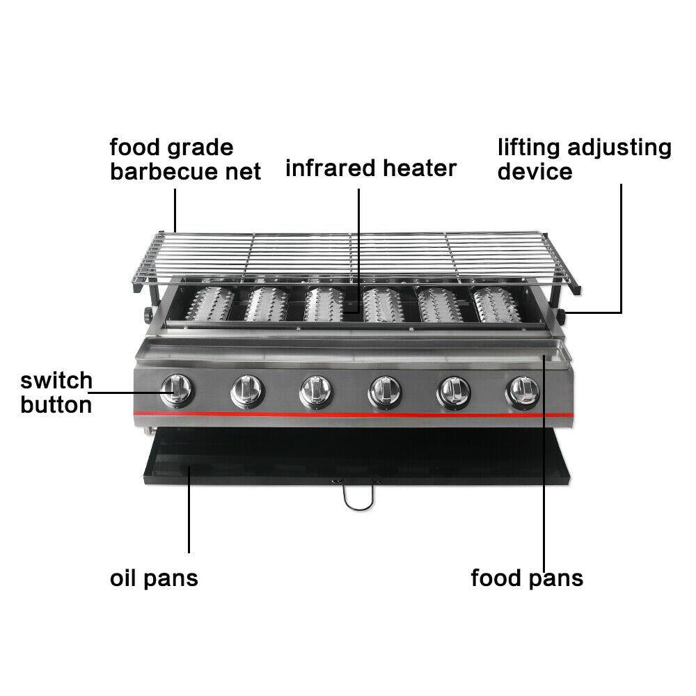 Steel 6 Burners LPG Barbecue BBQ Grill Grill Size 790*250mm Garden