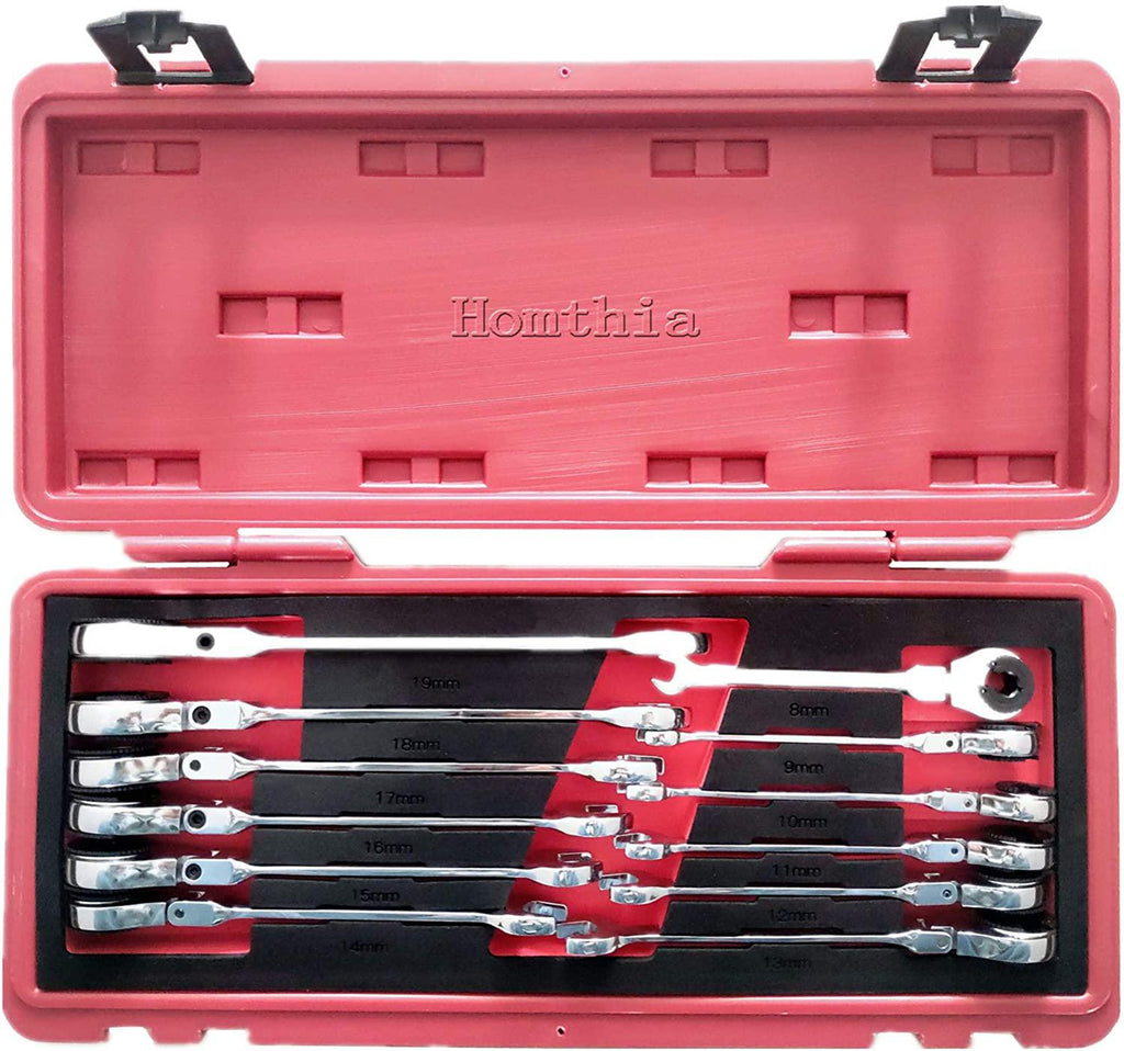 Ratcheting Line Wrench with Flex Head - Brake Line Wrench - Tubing Wrenches 8-19 mm Metric Open Movable Head for Car Maintain Wrench and Hand Repair Tools