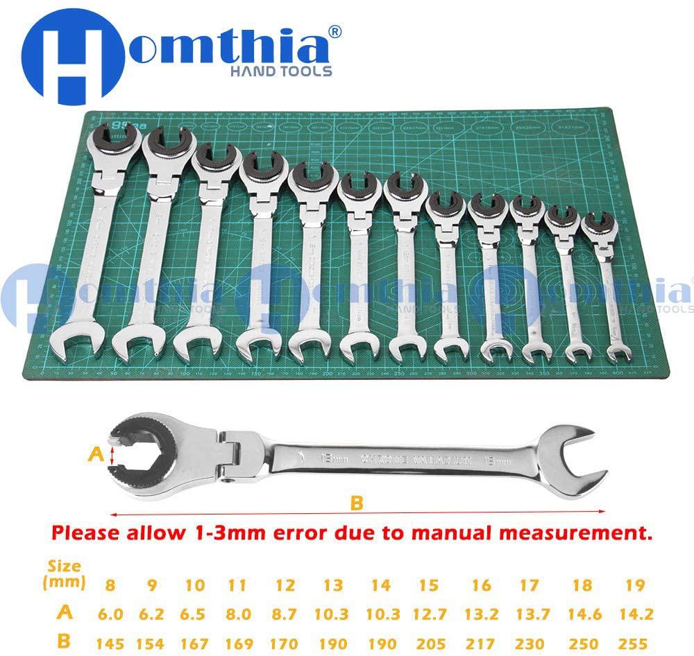 Ratcheting Line Wrench with Flex Head - Brake Line Wrench - Tubing Wrenches 8-19 mm Metric Open Movable Head for Car Maintain Wrench and Hand Repair Tools