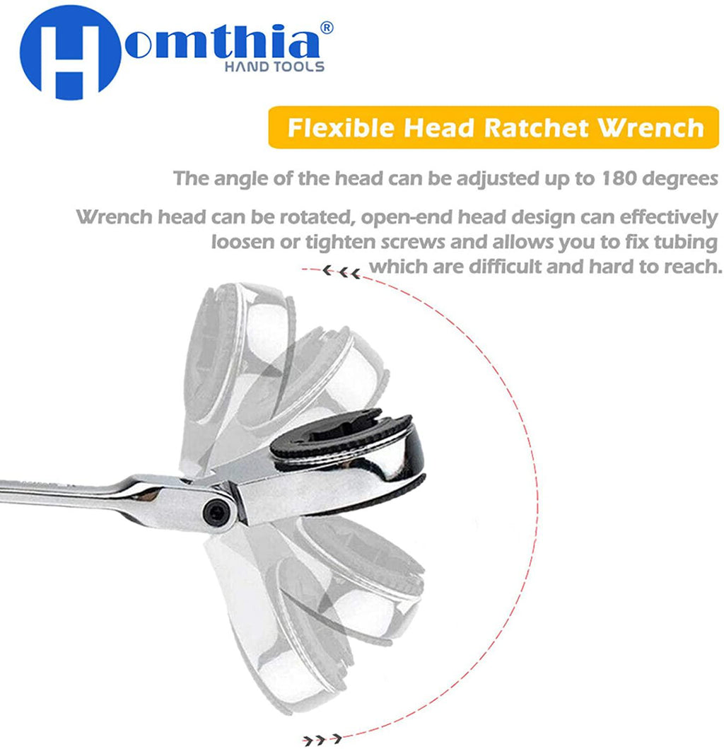 Ratcheting Line Wrench with Flex Head - Brake Line Wrench - Tubing Wrenches 8-19 mm Metric Open Movable Head for Car Maintain Wrench and Hand Repair Tools